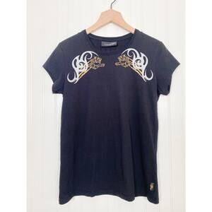 Y2K Phillip Plein Womens Top Size Small Black Lion Tribal Swirl Graphic Print
